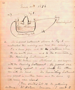 Cuaderno de notas de Alexander Graham Bell. 10 Marzo de 1876. "Mr. Watson -- come here -- I want to see you" (tomada del Alexander Graham Bell Family Papers, Library of Congress de los EE.UU.)