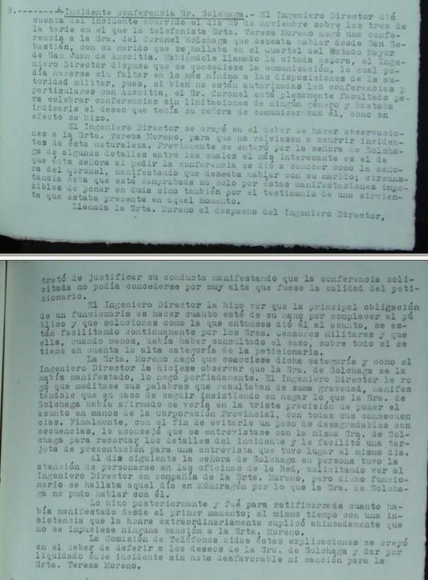 Informe sobre Incidente por prohibiciñon de conferencia con un militar. Acta 3 Comisión teléfonos, Fuente: Archivo general de Guipuzcoa