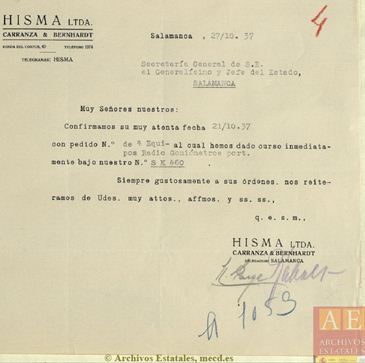 Factura sobre entrega de equipos de radiogoniometría de Telefunken. AHN FC_PRESID_GOB_ADQUISICIONES_2_Exp1053