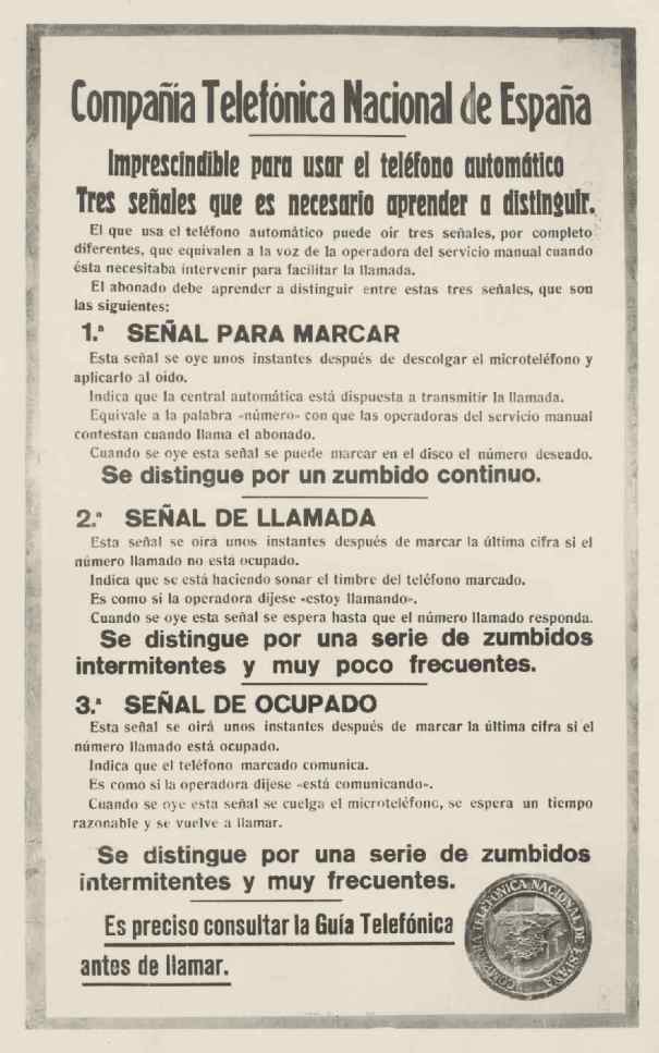 Cartel didactico "señales teléfono automatico" años 20. Archivo Fundación Telefónica