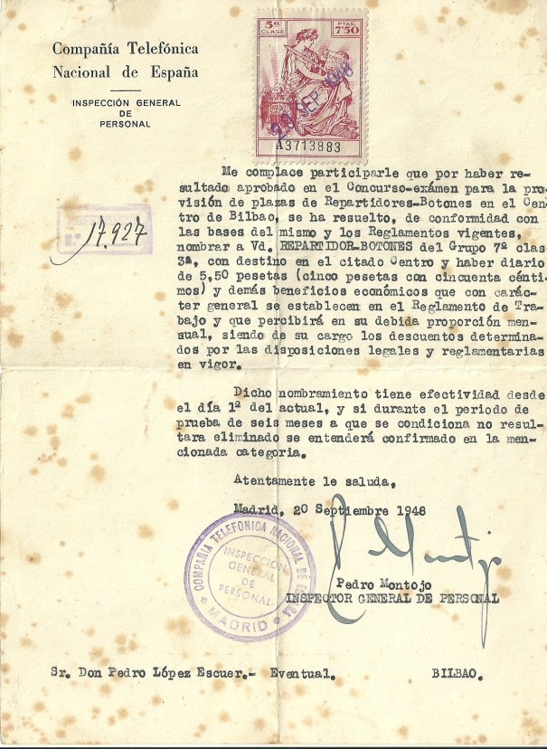 Nombramiento de Repartidor-Botones de la CTNE en 1948. Cortesia de Mikel L. Villanueva. 