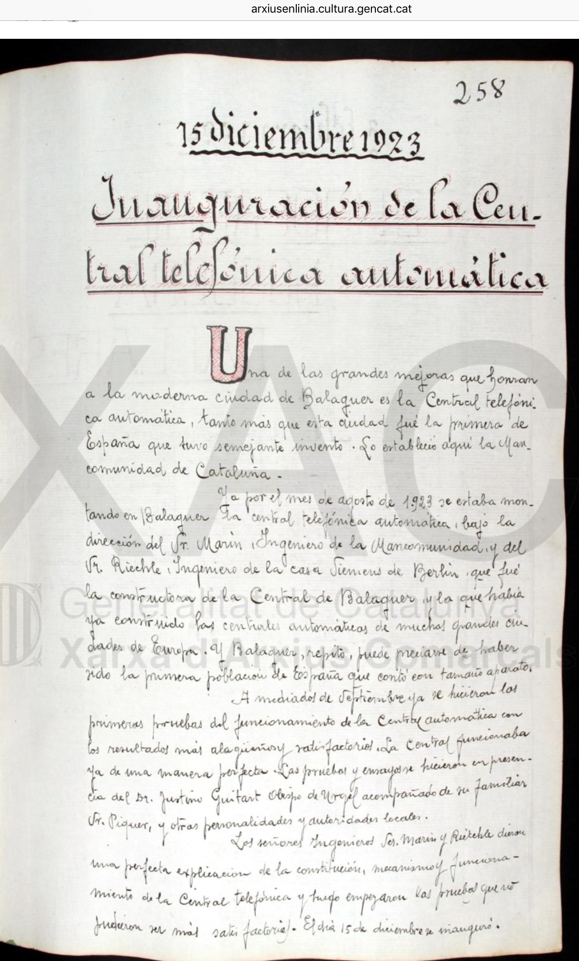 Balaguer 1923. Primera central telefónica automática en&nbsp;España