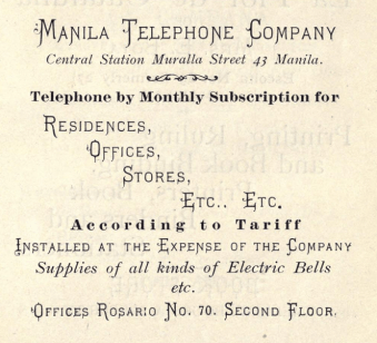 Anuncio de 1901 de la Sociedad de los teléfonos de Manila