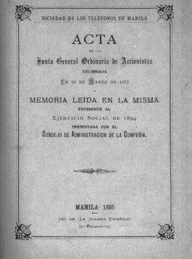 Memoria Sociedad de los teléfonos de Manila 1894.