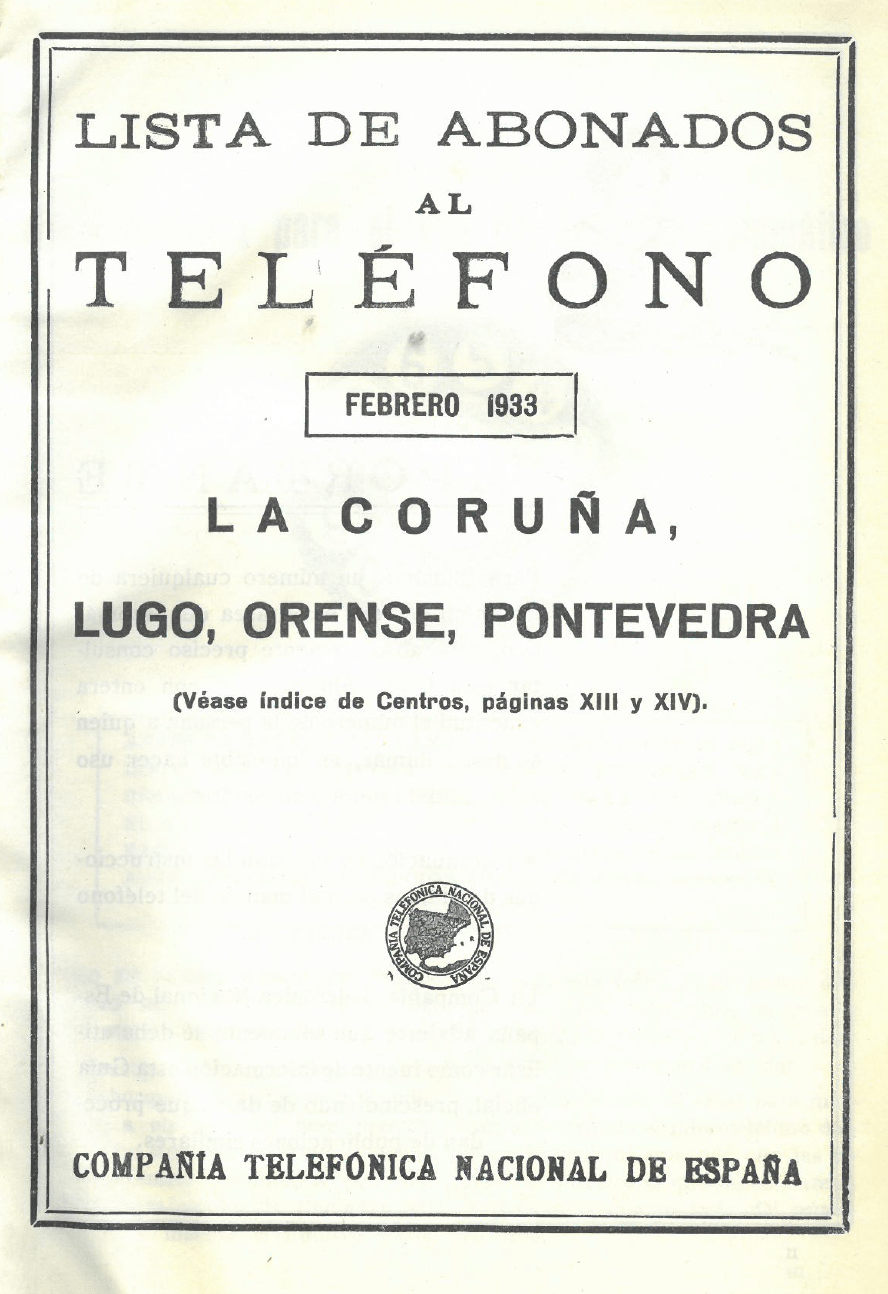 Lista de abonados al teléfono febrero 1933,&nbsp;Galicia